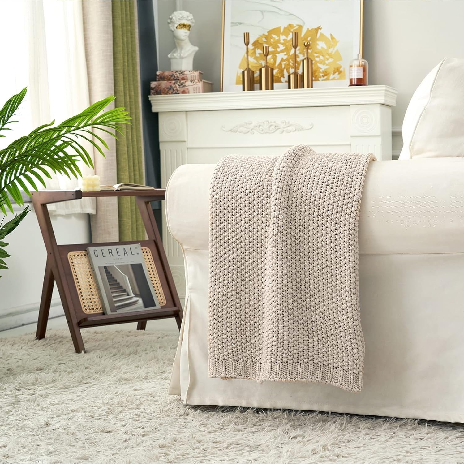 Chunky knit throw blanket, Lightweight, Beige, 100% organic cotton, Blanket for couch, sofa, bed, child, children's room, Rustic, Shabby chic, Modern farmhouse, 152.4 X 203.2 cm, Including laundry bag Beds and Blankets Longhui bedding