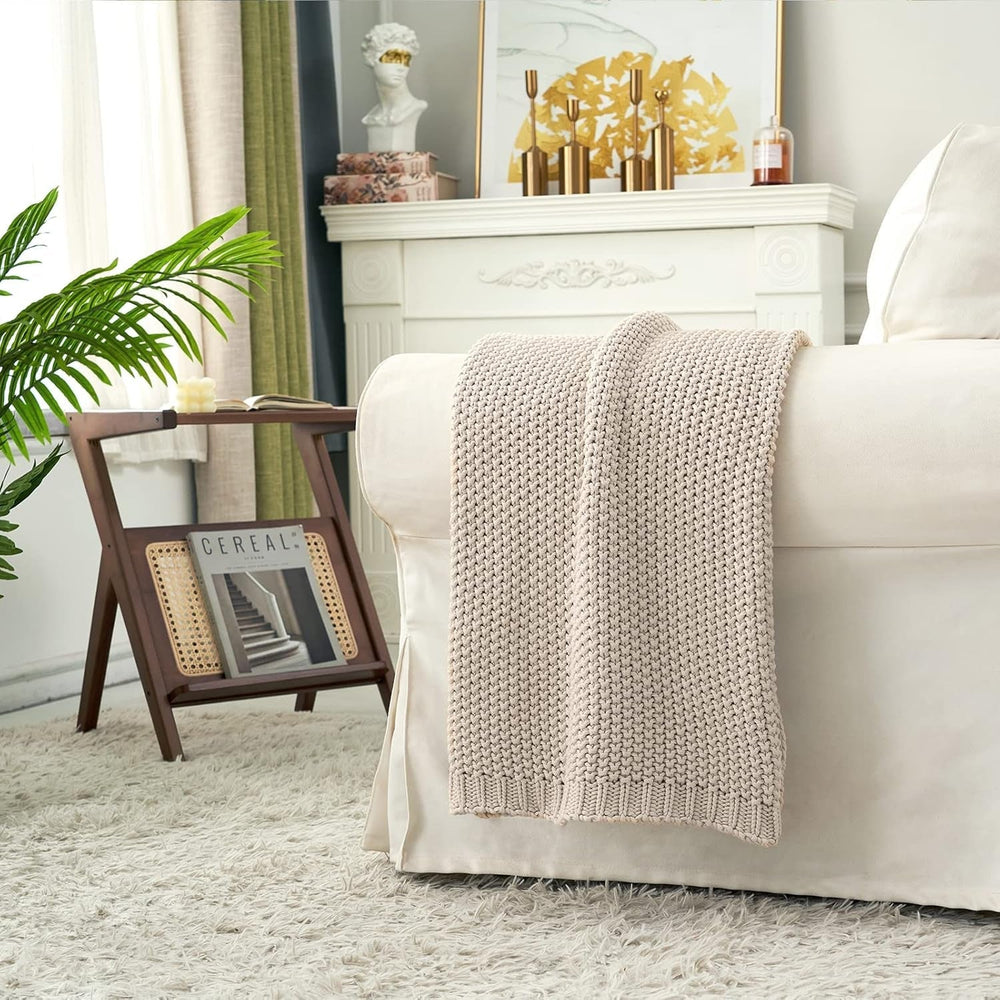 Chunky knit throw blanket, Lightweight, Beige, 100% organic cotton, Blanket for couch, sofa, bed, child, children's room, Rustic, Shabby chic, Modern farmhouse, 152.4 X 203.2 cm, Including laundry bag Beds and Blankets Longhui bedding