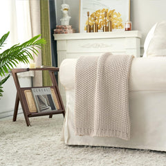 Chunky knit throw blanket, Lightweight, Beige, 100% organic cotton, Blanket for couch, sofa, bed, child, children's room, Rustic, Shabby chic, Modern farmhouse, 152.4 X 203.2 cm, Including laundry bag Beds and Blankets Longhui bedding
