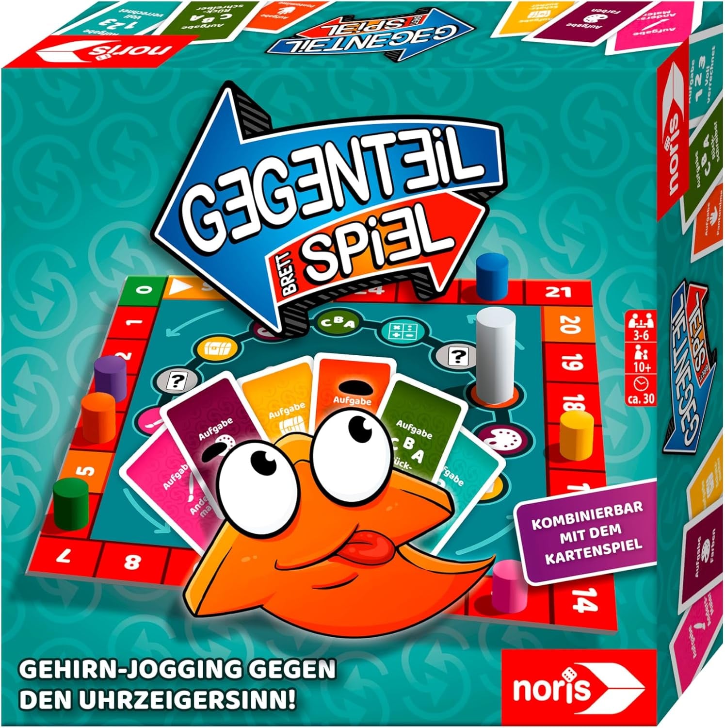 Noris 606062080 - Gegenteil Spiel (Brettspiel ab 10 Jahre) - kombinierbar mit dem Kartenspiel - verrücktes Konzentrationsspiel für Kinder und Erwachsene für 3-6 Spieler