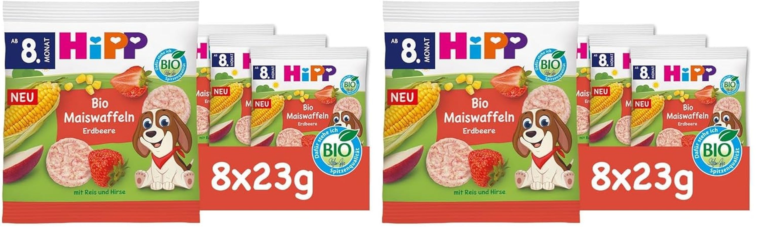 HiPP Vafe Organice din Porumb cu Căpșuni (8 x 23 g), gustare pentru bebeluși de la 8 luni, îndulcită doar cu fructe și legume, fără gluten, de cea mai bună calitate organică (pachet de 2)