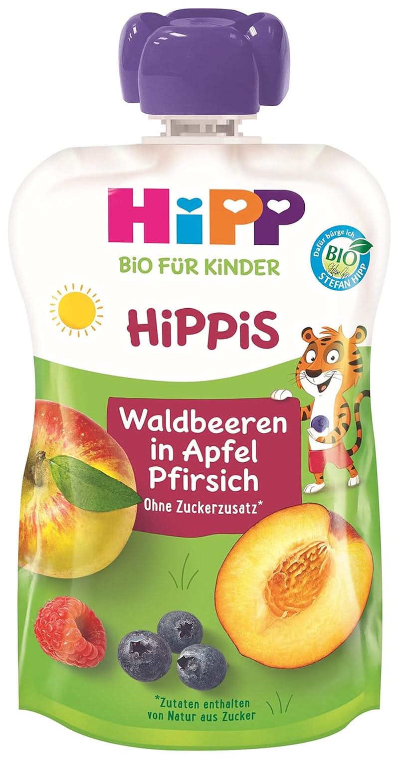 Hipp Super-Hippis squeeze bags, pomegranate acerola in apple-raspberry, 100% organic fruit with no added sugar, 6 bags of 100 g Mother and Child Naty Shop 6 x 100 grams Wild fruit, apple-peach