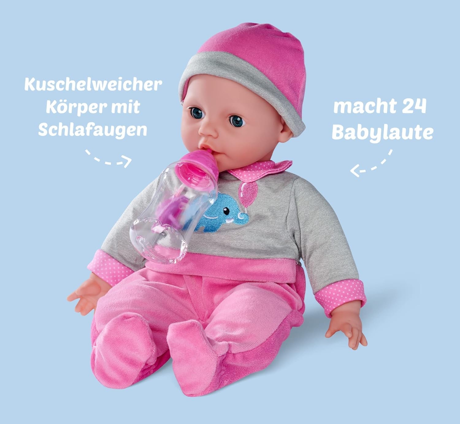 Simba 105140066 - Laura Interactive, păpușă cu corp moale și ochi adormiți, bolborosește când este mișcată, bea dintr-o sticlă și adoarme, 40 cm, păpușă bebeluș pentru copii de la 2 ani