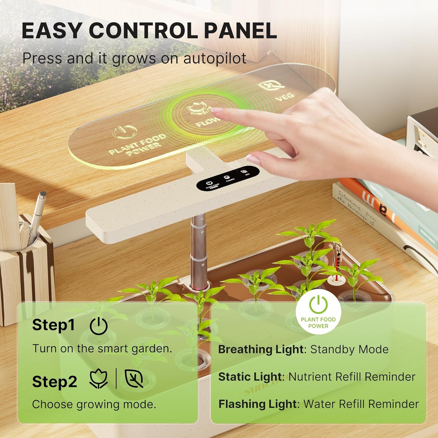 12 Capsules Hydroponic Grow System Kit, 24W LED Indoor Garden Lamp, 4L Water Tank with Silent Pump, Height Adjustable Herb Planter, Indoor Gardening Kit, Gardening Gifts, Beige