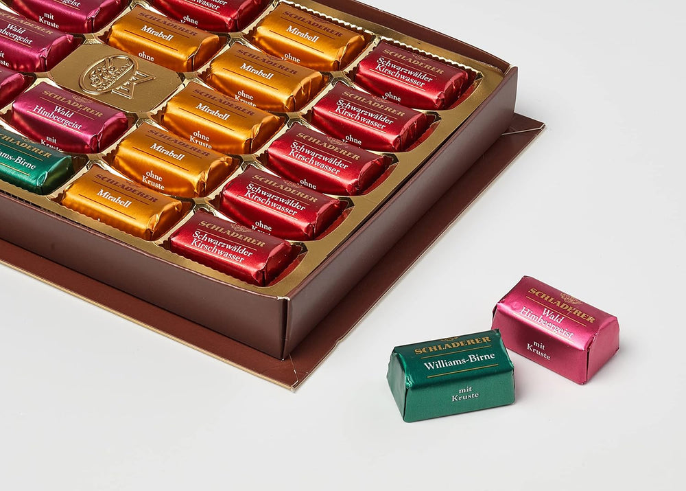 RCP Schladerer Pralines, fine assortment, milk and dark chocolate, with and without sugar crust, liquid filling, contains alcohol, great gift, 255g