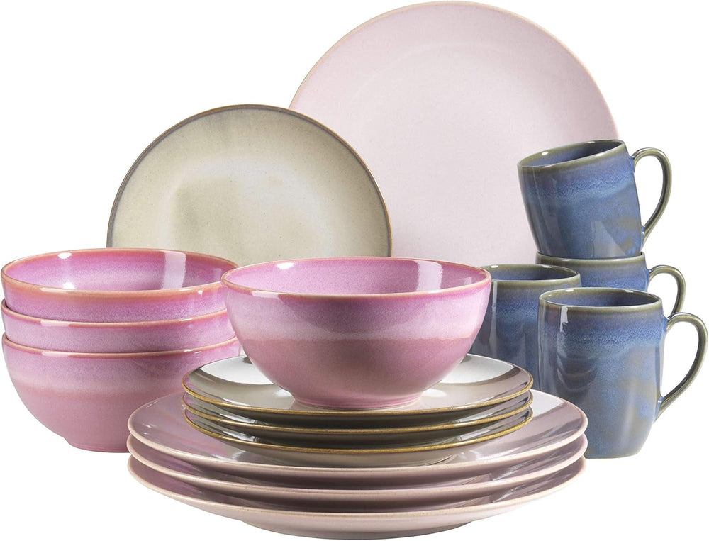 MÄSER 931736 Geschirr-Set Für 4 Personen Im Mediterranen Vintage-Look, 16-Teiliges Kombiservice in Sandigem Grau, Keramik, Sandgrau Tableware Sets Naty Shop Rosa / Blue Moon / Pink / Hellblau