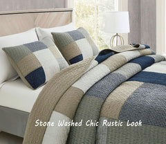 Chezmoi Collection Addy Patchwork Quilt Set bumbac pre-spălat, ușor, reversibil, pentru toate anotimpurile, supradimensionat, 3 piese, albastru marin, alb, gri, taupe, în carouri Plapumi si pilote Naty Shop