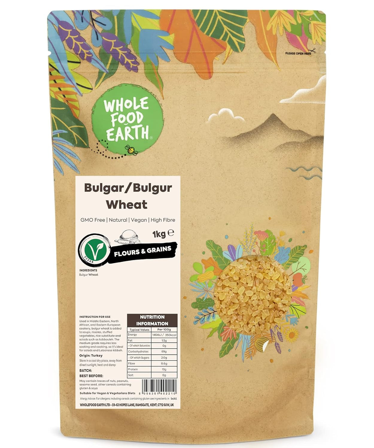 Wholefood Earth wheat bulgur - non-GMO - natural - vegan - dairy-free - no added sugar, 500g
