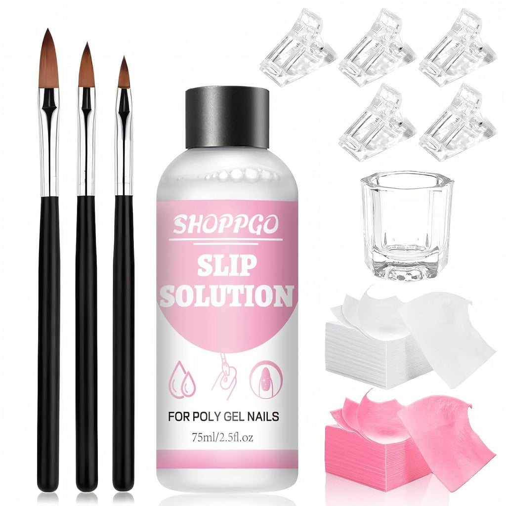 Soluție de îndreptare Polygel, Kit pentru unghii Polygel Slip Solution, Soluție de îndreptare 75 ml, Include 5 cleme pentru vârfuri de unghii, 3 perii de unghii, 1 cupă de cristal, 100 foi de curățare
