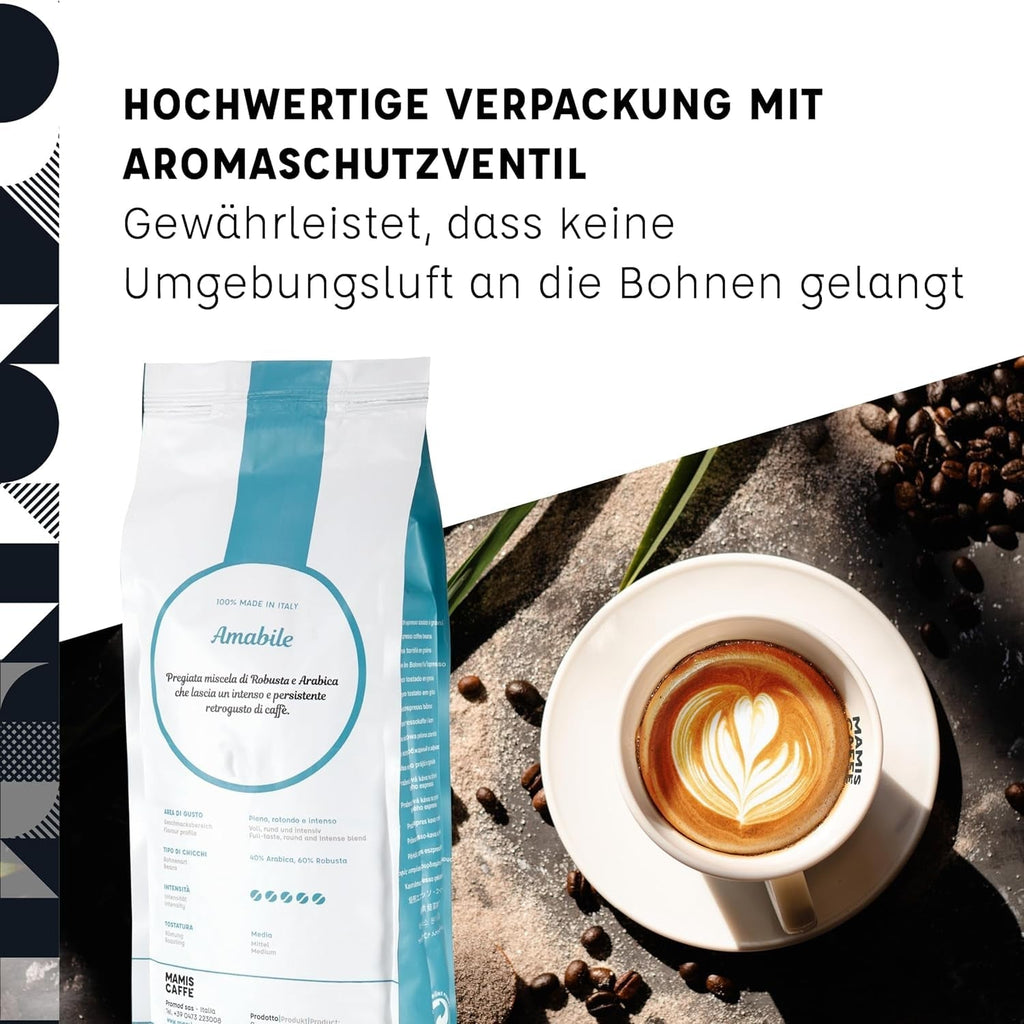 Mamis Caffè Amabile - Boabe espresso întregi - Cafea prăjită mediu cu nuanțe dulci - Espresso italian cu cremă groasă Cafea Naty Shop