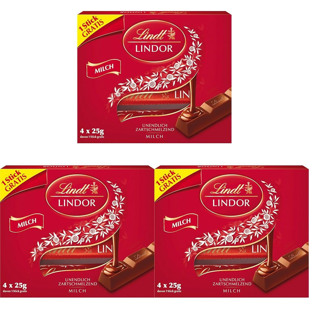 Lindt Chocolate | LINDOR milk chocolate sticks, Promotional offer | 100g | 4 LINDOR milk chocolate bars with melt-in-your-mouth filling | Chocolate Sticks (Pack of 3)