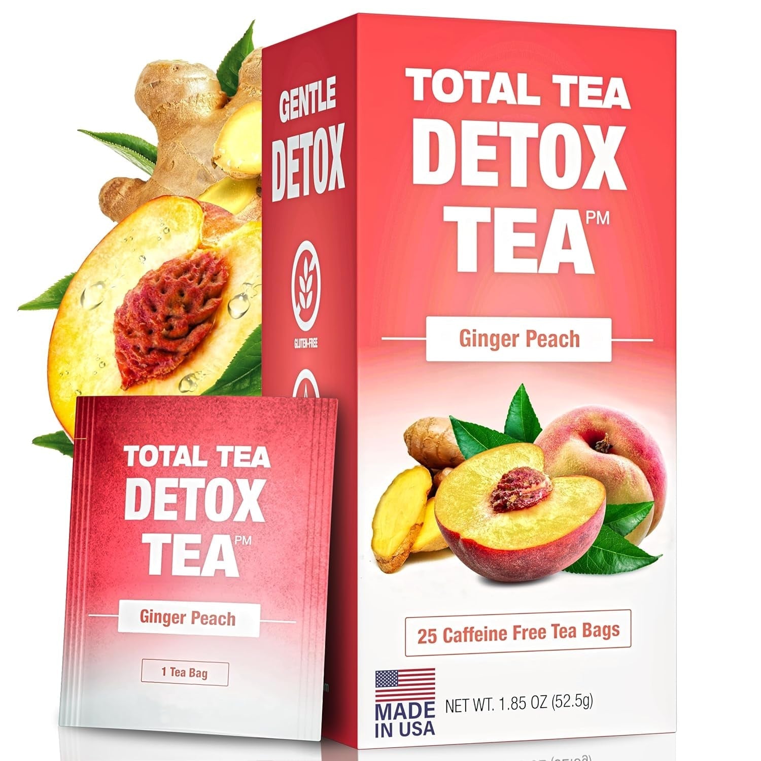 Total Tea Zero Cofeină Ceai Detox - Complet natural - Ceai din plante pentru curățare delicată, susține regenerarea ficatului, detoxifierea organismului, cura de detoxifiere - 25 pliculețe de ceai Ghimbir-piersică