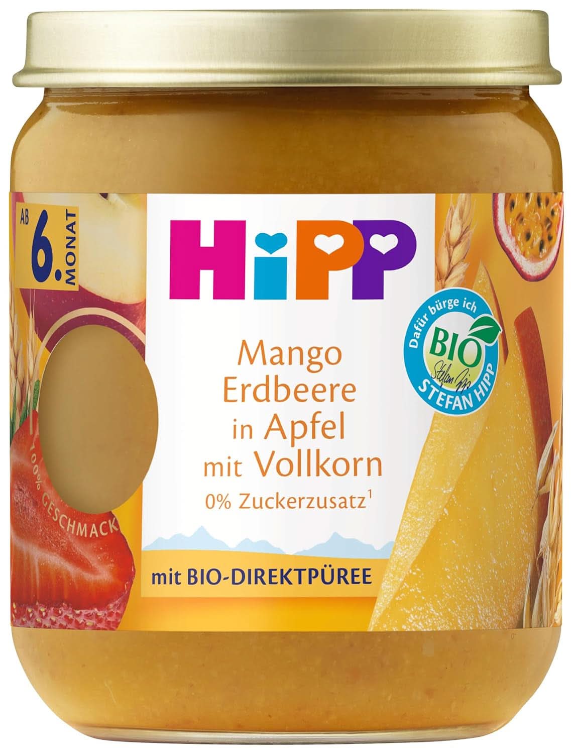 Hipp Organic Fruits and Cereals Mango Strawberry Applesauce with Whole Grains, Pack of 6 (6X160G) Mother and Child Naty Shop