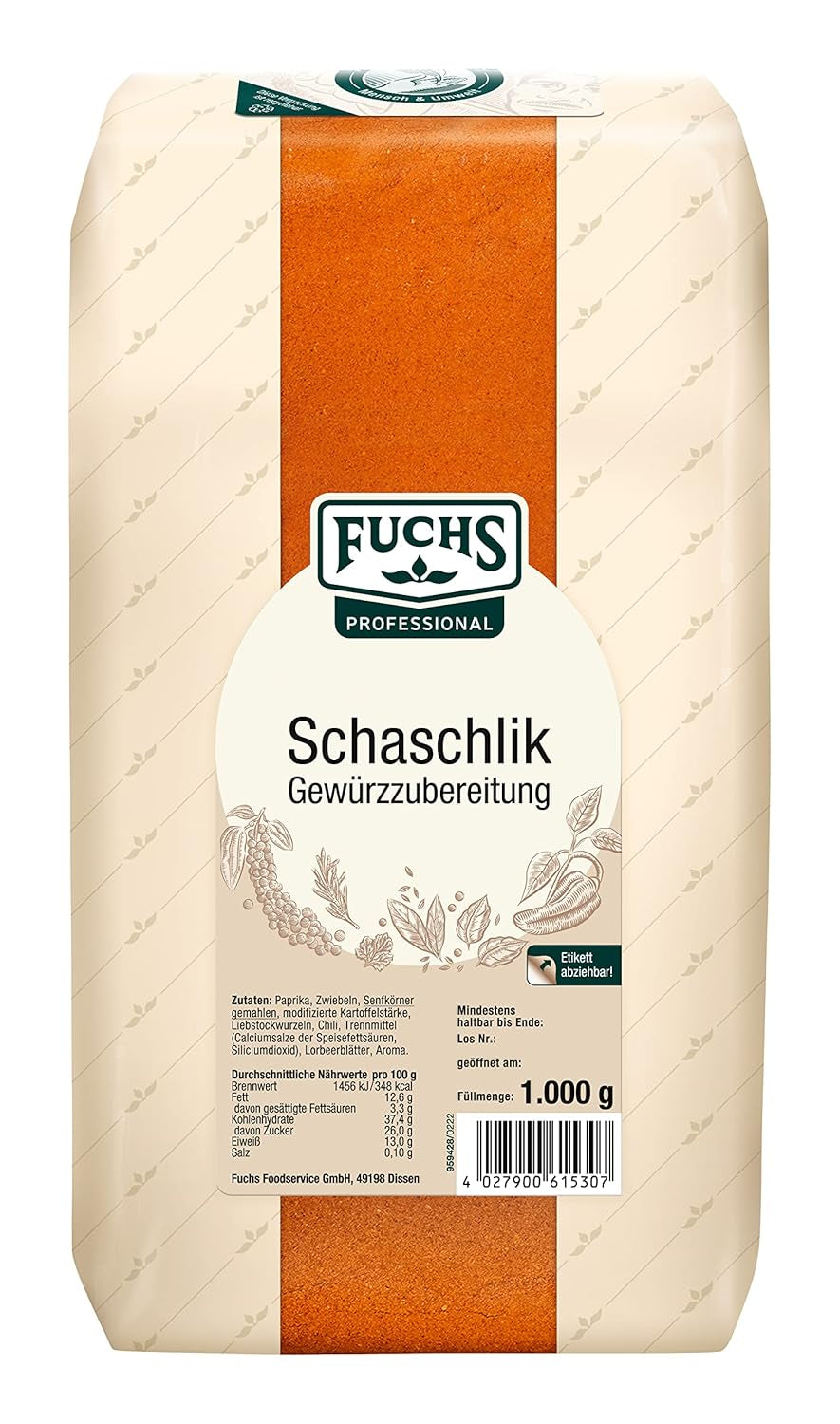 Fuchs Professional - Schaschlik Gewürzmischung | Zum Würzen/Marinieren von gebratenem oder gegrillten Fleisch | Profi-Qualität für Großverbraucher | 1 kg im recyclable bag