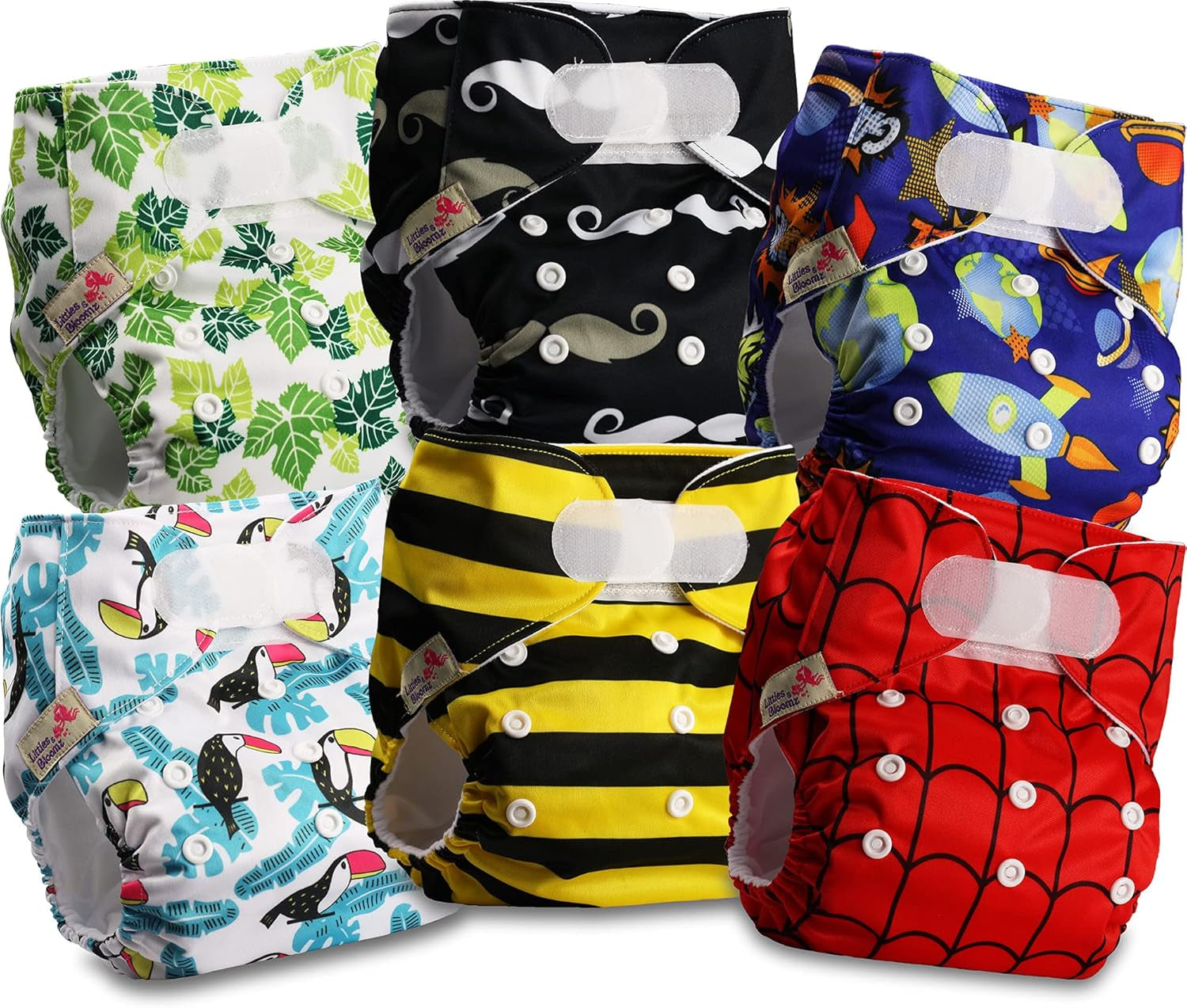 Littles and Bloomz Reusable Diaper FLV2-0602, Standard Hook and Loop Closure, 6 Diapers