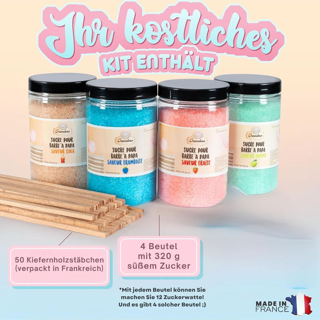 GREENDOSO® Zahăr de vată de zahăr pentru mașina de vată de zahăr (4 x 320 grame) - 4 arome (căpșuni/cola/ zmeură/ mere) + 50 sticks-uri - MADE in FRANCE Naty Shop