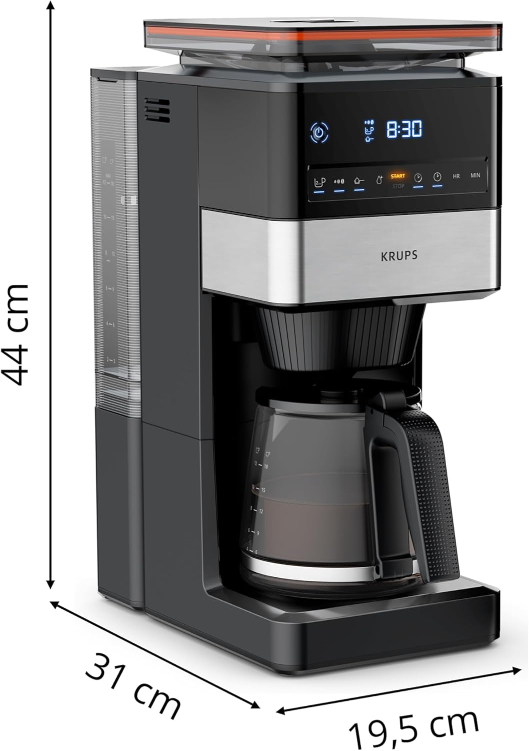 Espressor KRUPS Grind Aroma XL, râșniță conică detașabilă, panou de control digital, capacitate XL (1,5 l), funcție de menținere la cald, carafă din sticlă, negru/oțel inoxidabil, KM842810