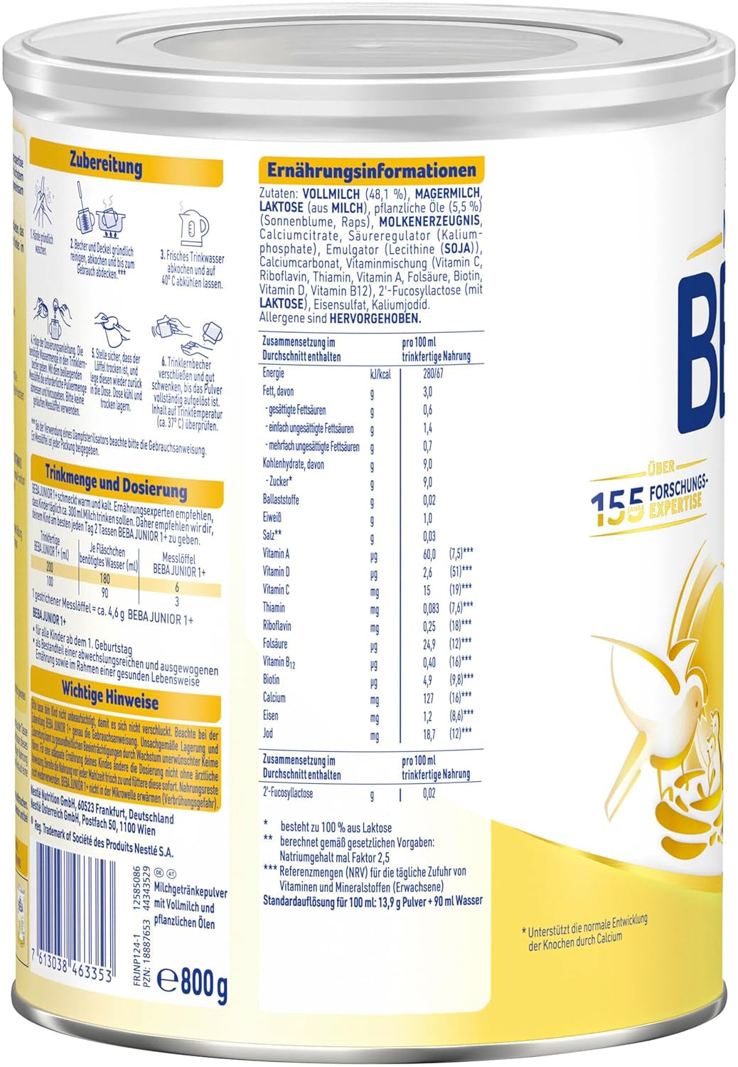 BEBA Junior 1+ milk drink from 1 year, With HMO, Age-appropriate protein content, Lactose only, No palm oil, No fish oil, Toddler food, Baby milk powder, Pack of 6 (6 x 800g)