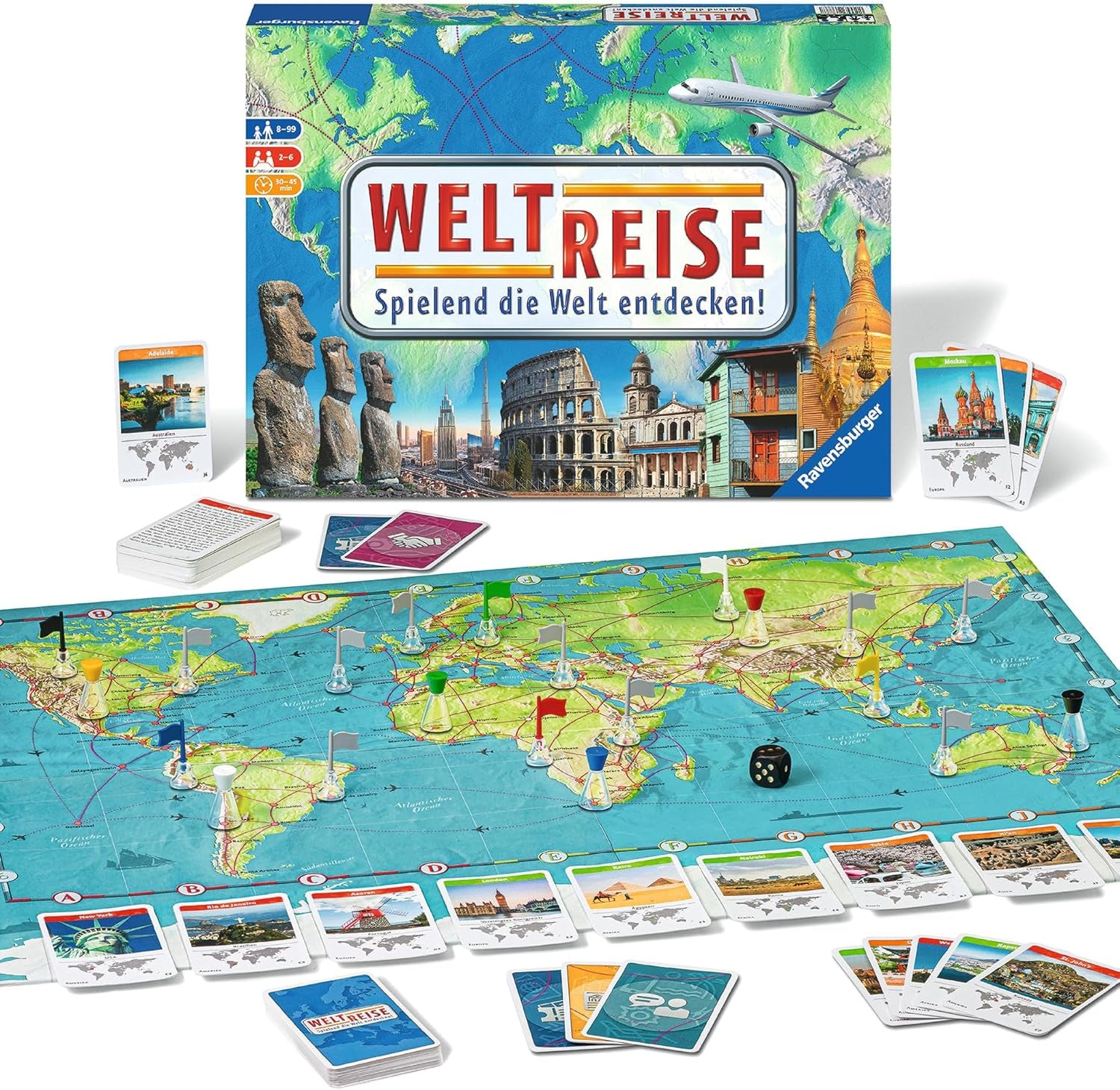 Ravensburger Family Game 26888 - World Tour - Classic for families, ages 8 and up - Party game, world travel, board game for up to 6 players - 170+ cities
