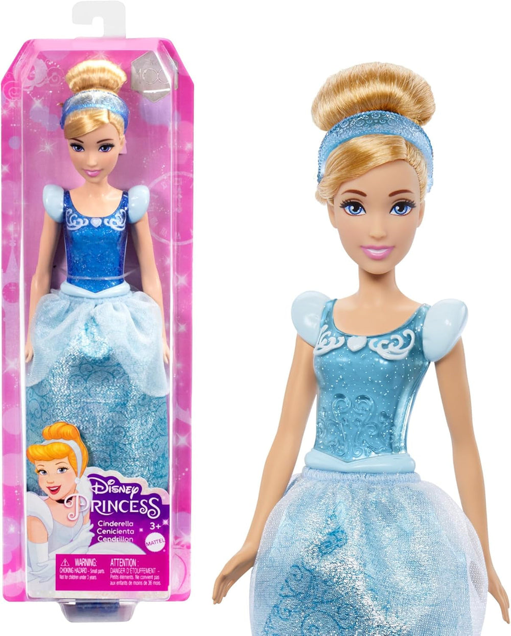 Mattel DISNEY Princess Cinderella - Păpușă mobilă cu costum strălucitor, pantofi și diademă detașabile, păr pieptănabil pentru distracție la coafor, pentru copii de la 3 ani în sus, HLW06 Papusi Naty Shop Cenușăreasa