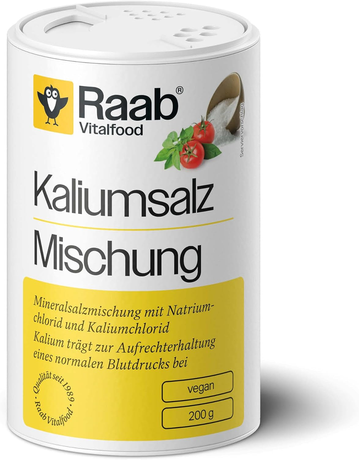 Raab Vitalfood Kalium salt-Mischung, Mineralsalzmischung mit 66.7% Natriumchlorid (Kochsalz) und 33% Kaliumchlorid, Kalium trägt zur Aufrechterhaltung eines normalen Blutdruck bei (1 x 200 g Dose)