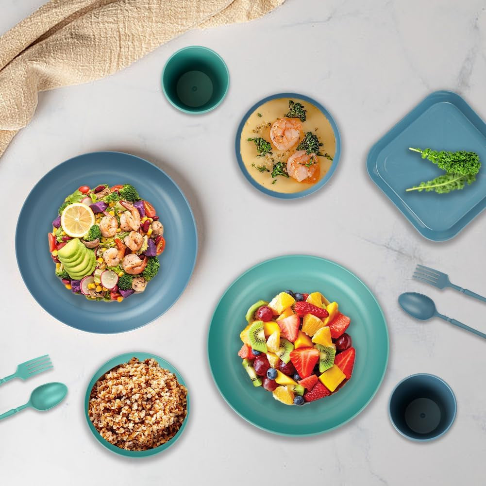 Set de veselă de camping cu 53 de piese pentru 4 persoane, veselă de camping indestructibilă pentru 4 persoane, set de veselă din plastic ușor cu geantă de transport, farfurii și boluri stivuibile, veselă de picnic pentru grătar și grădină