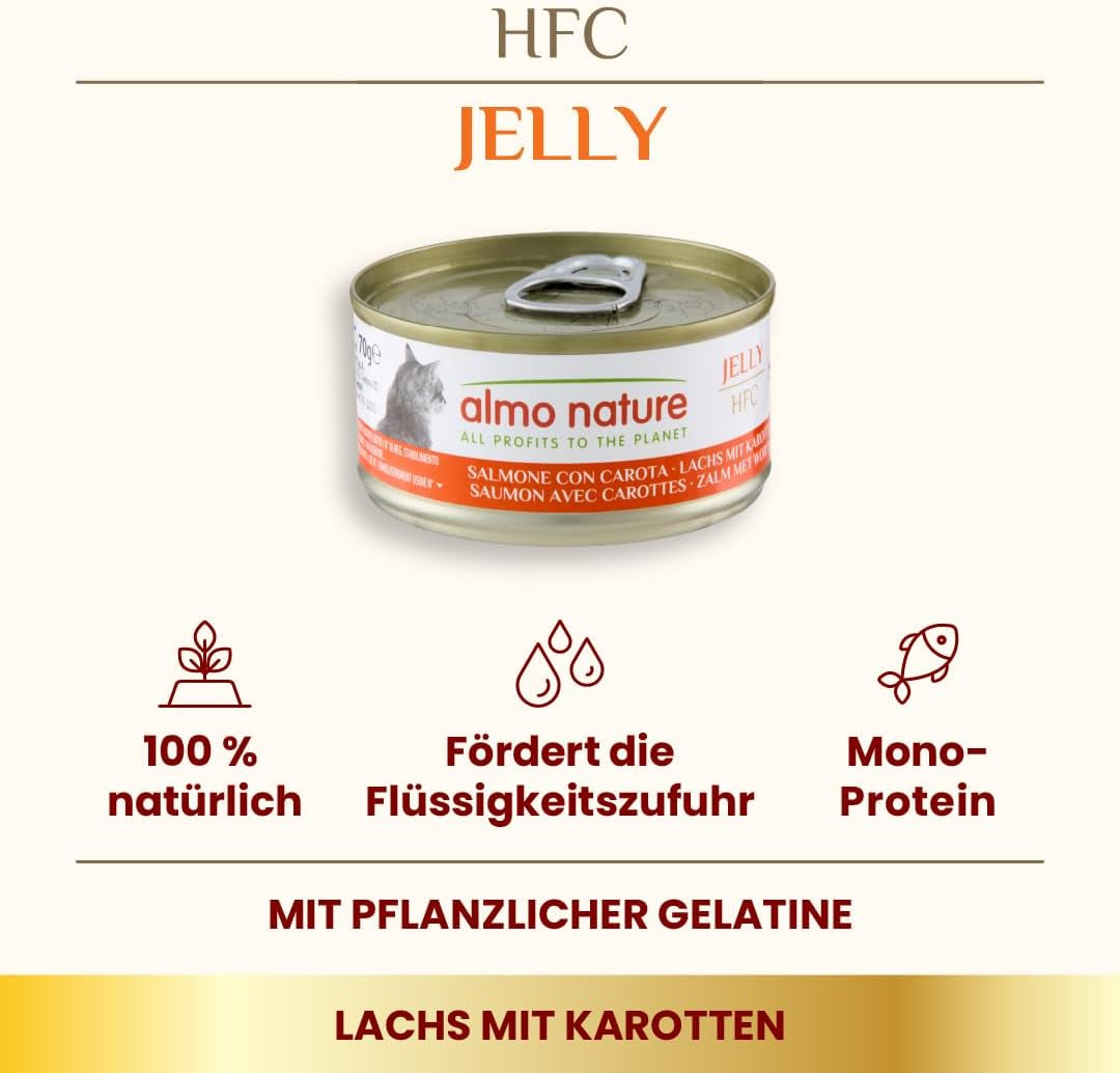 Almo Nature HFC Jelly - Hrană umedă pentru pisici adulte - Somon și Morcovi - Calitate umană, Fără gluten - 6 x 70g