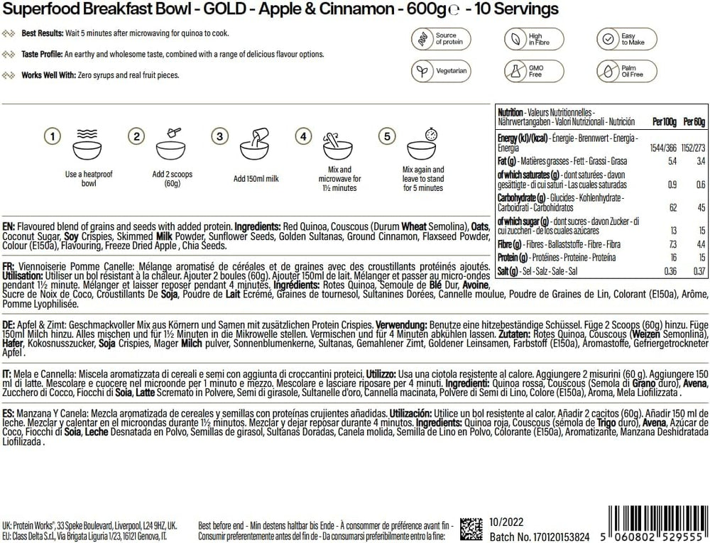 Protein Works | Superfood Breakfast - GOLD Innovation, Award-Winning Cereal, Protein Muesli, Nutrient Rich with Grains, Seeds and Oats, High in Fibre, Apple and Cinnamon, 10 Servings, 600g