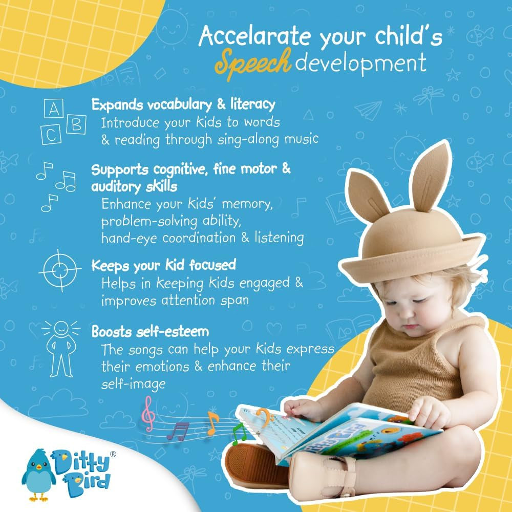 DITTY BIRD Baby Sound Book: Prima noastră aniversare interactivă. Jucărie pentru bebeluși 10 butoane sonore cu sunet, cântece și muzică. Carte de cântece interactivă pentru învățarea copiilor bilingvi engleză de la 1 an. Jucarii Bebe Naty Shop