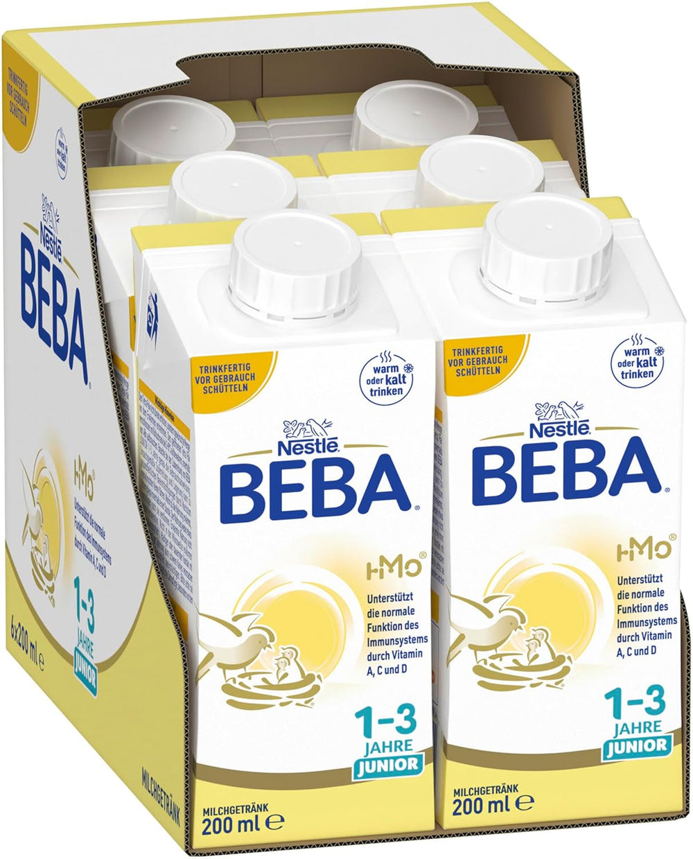 BEBA Junior Ready-to-Drink Milk Drink 1-3 Years, With HMO, Age Appropriate Protein Content, Palm Oil Free, Fish Oil Free, Toddler Food, Pack of 6 (6 x 200ml)
