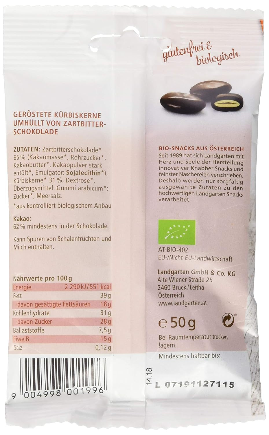 Landgarten Organic Pumpkin Seeds in Dark Chocolate - Vegan Roasted Pumpkin Seed Chocolate Snack - Source of Magnesium - 1 x 50g