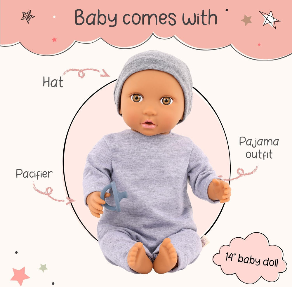 LullaBaby - Baby Puppe - Einteiler & Mütze - 36 cm Realistic Baby-Puppe - Hazelnut Brown Eyes & Soft Body - Romper & Schnuller-Zubehör - Pretend Play Spielzeug - Kinder 2 Jahre +