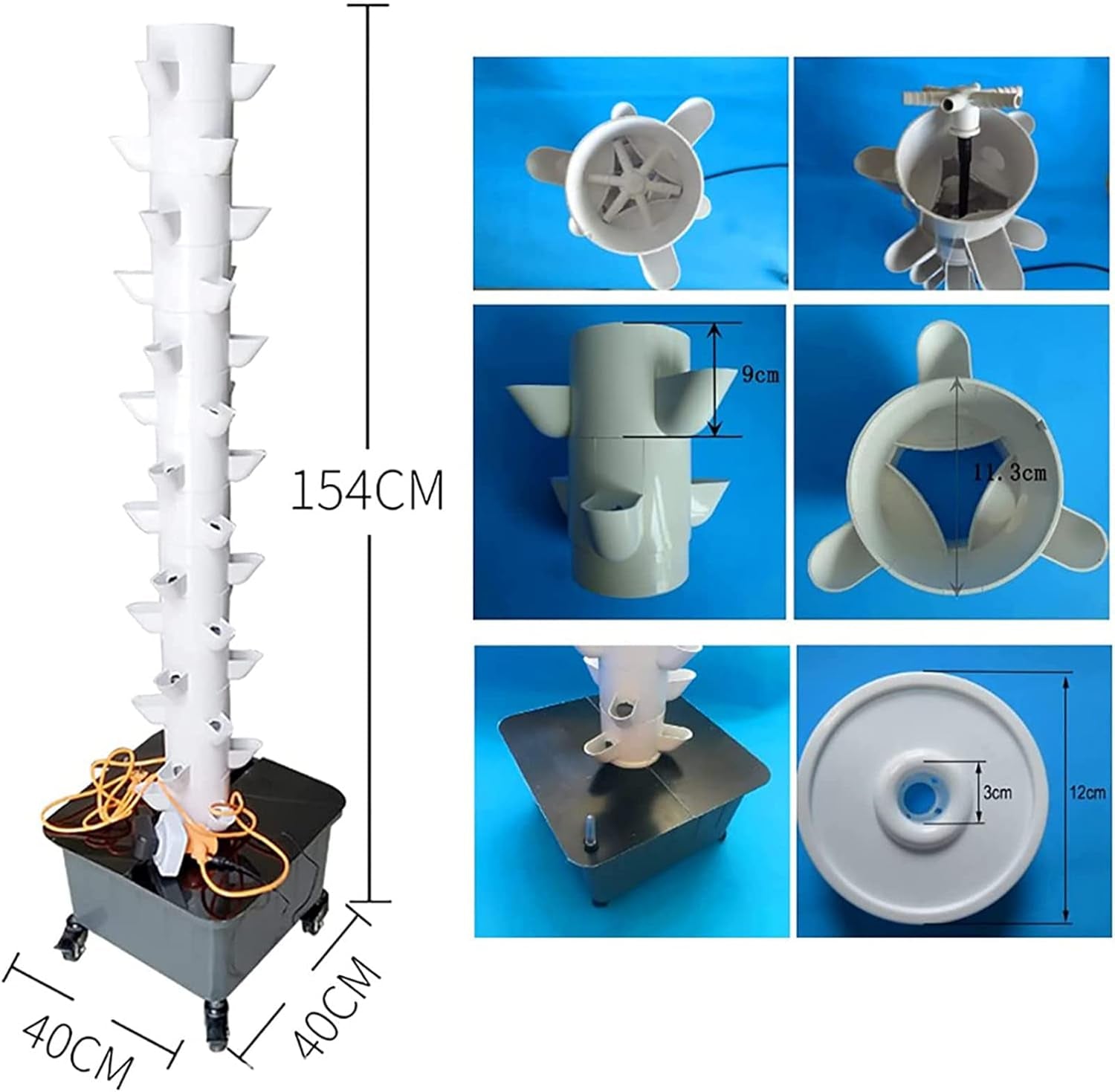 Hydroponic Tower, 15-Tier 45-Hole Wax Aquaponic System, Wireless Garden Aeroponic Grow Kit for Herbs, Fruits and Vegetables with Hydration Pump, Adapters, Mesh Pots