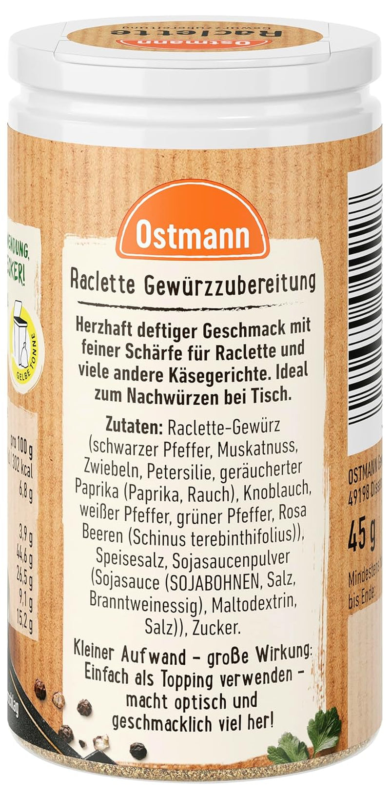 Ostmann Gewürze - Raclette Gewürzzubereitung | Zum Würzen von Käsegerichten | Recyclebare, nachfüllbare Streudose | 45 g in Streuer