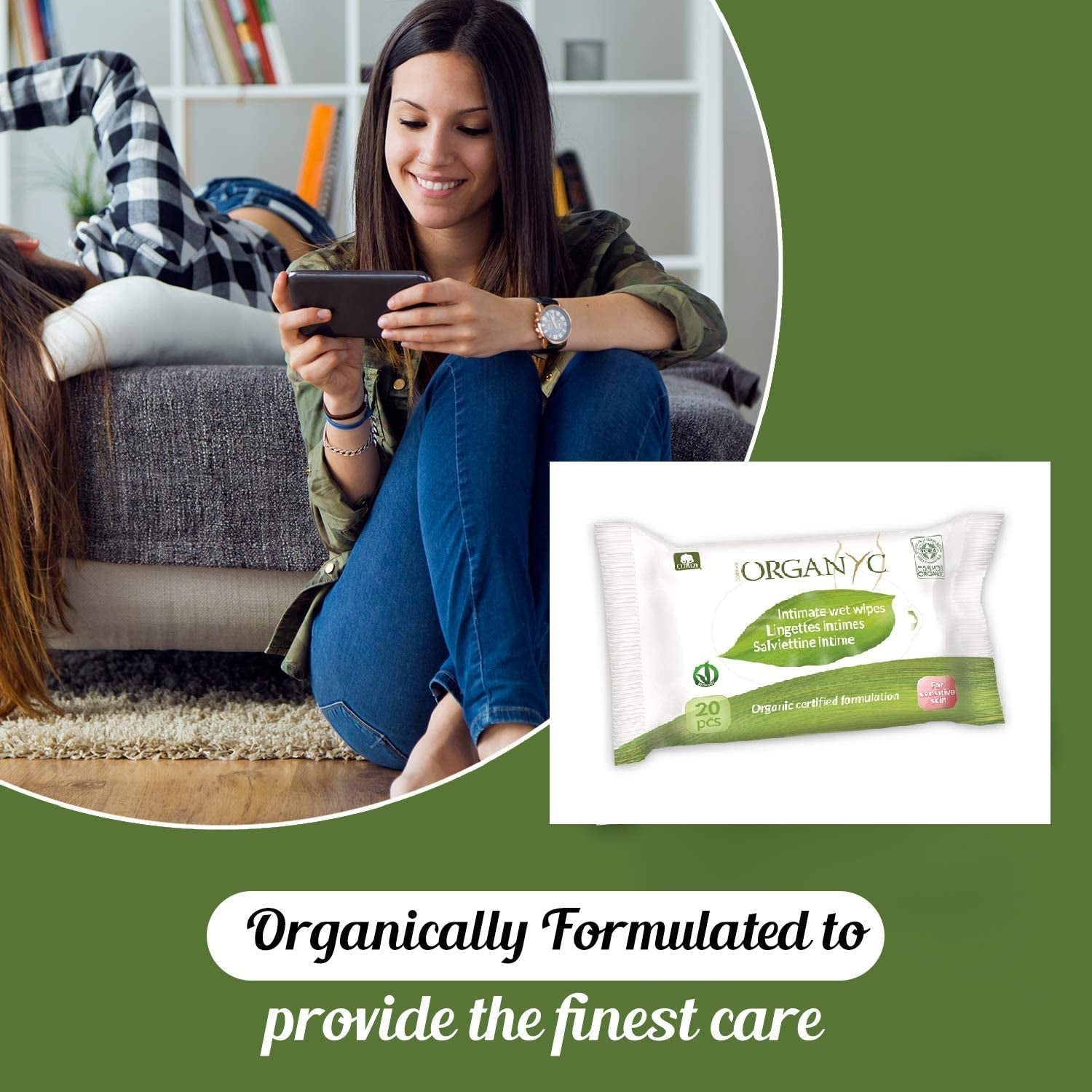 Organyc Moist Intimate Wipes, Made from 100% Certified Organic Cotton - 4 Packs of 20 Wipes (80 Wipes Total)