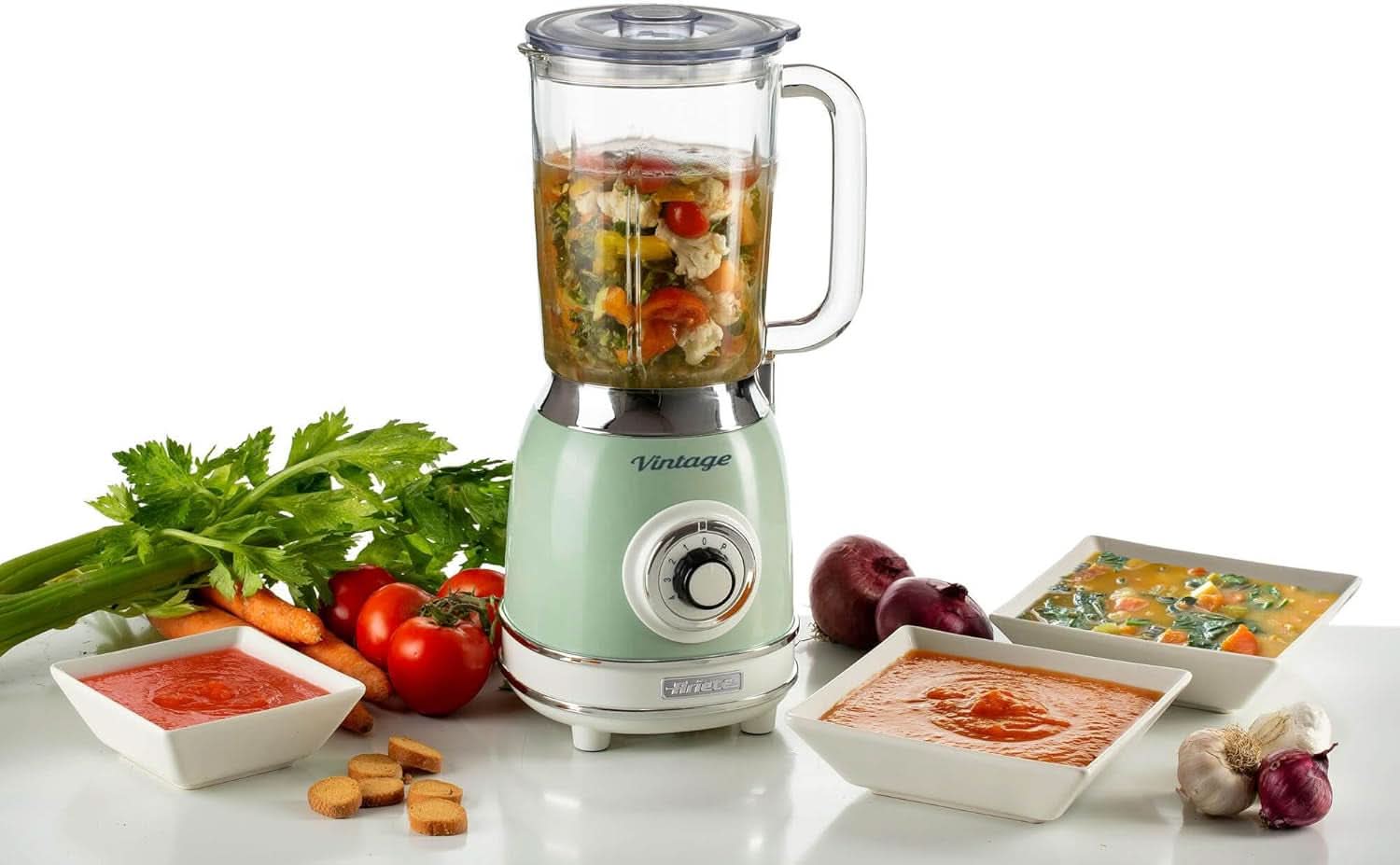 Ariete Vintage 583 Mixer Aus Glas, Retro Multifunktionsmixer Mit 4 Klingen, 4 Geschwindigkeiten + Pulse-Funktion, Ice-Crusher Funktion, 1.5 Liter Fassungsvermögen, 1000W, Green Kitchen Naty Shop