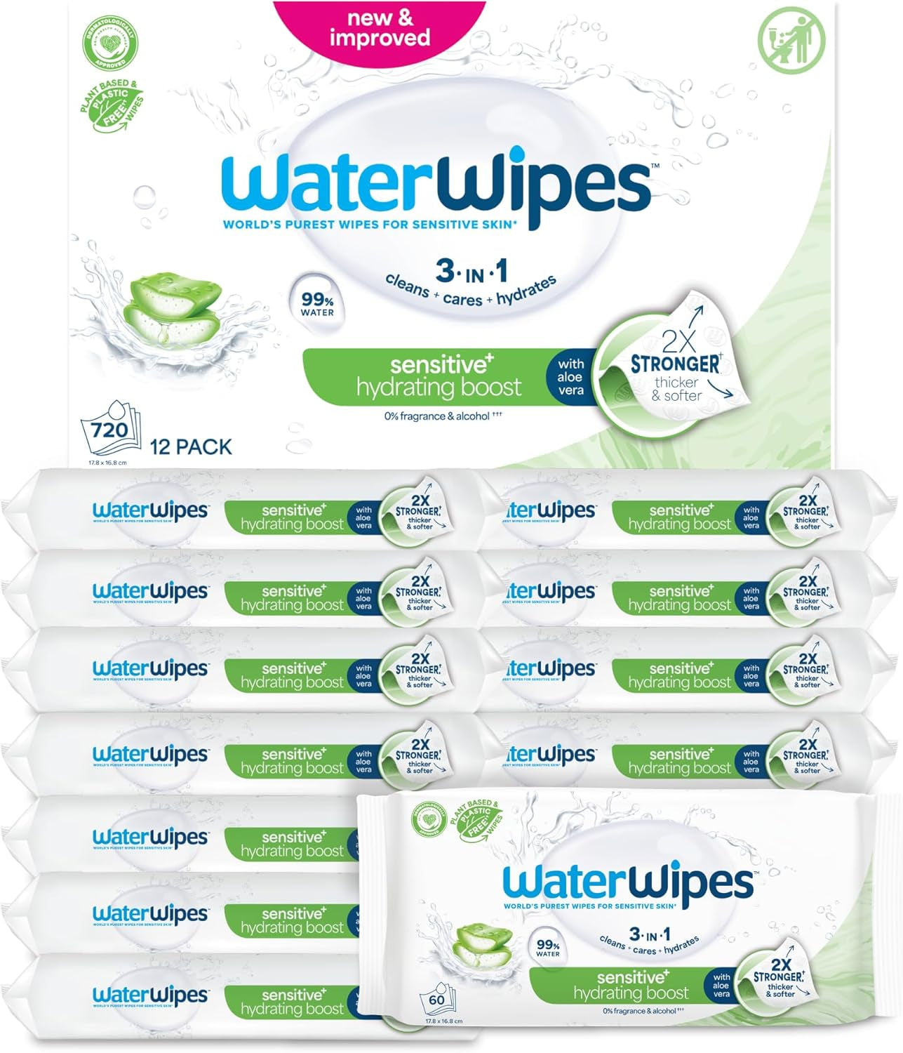 WaterWipes Sensitive+ Hydrating Boost Wet Wipes, Hydrating Wipes, 360 Pieces (6 Pack), 3 in 1 Clean, Care, Hydrate, 99% Aloe Vera Water, Unscented Baby Wipes
