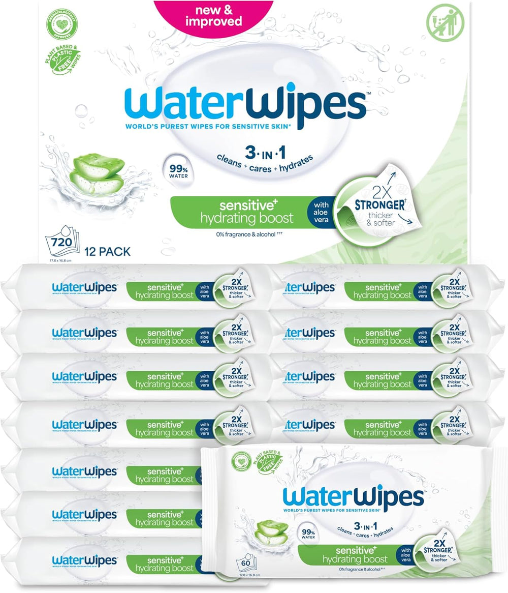 WaterWipes Sensitive+ Hydrating Boost Wet Wipes, Hydrating Wipes, 360 Pieces (6 Pack), 3 in 1 Clean, Care, Hydrate, 99% Aloe Vera Water, Unscented Baby Wipes