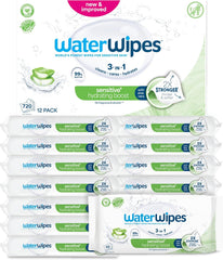 WaterWipes Sensitive+ Hydrating Boost Wet Wipes, Hydrating Wipes, 720 Count (12 Pack), 3 in 1 Clean, Care, Hydrate, 99% Aloe Vera Water, Unscented Baby Wipes