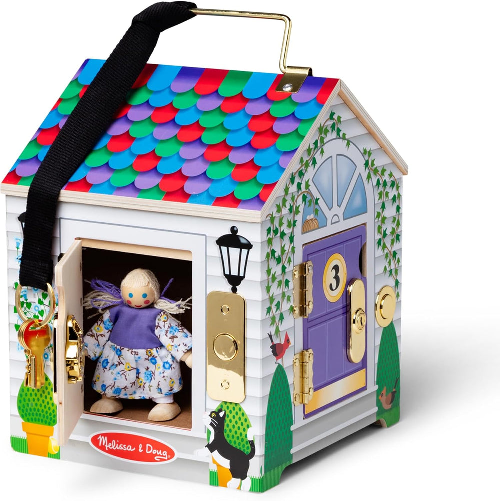 Melissa & Doug - Casă de păpuși din lemn cu sunete de sonerie, multicoloră, potrivită pentru vârste de 3 ani și peste, băieți și fete
