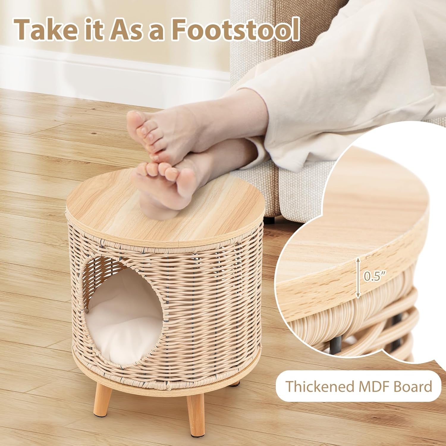 Katzenhaus Rattan, Katzenmöbel mit Holzbeinen & weichem Kissen, 3 in 1 Katzenhöhle Fußhocker Nachttisch, Katzenbett stabil bis 30 kg für Wohnzimmer Schlafzimmer