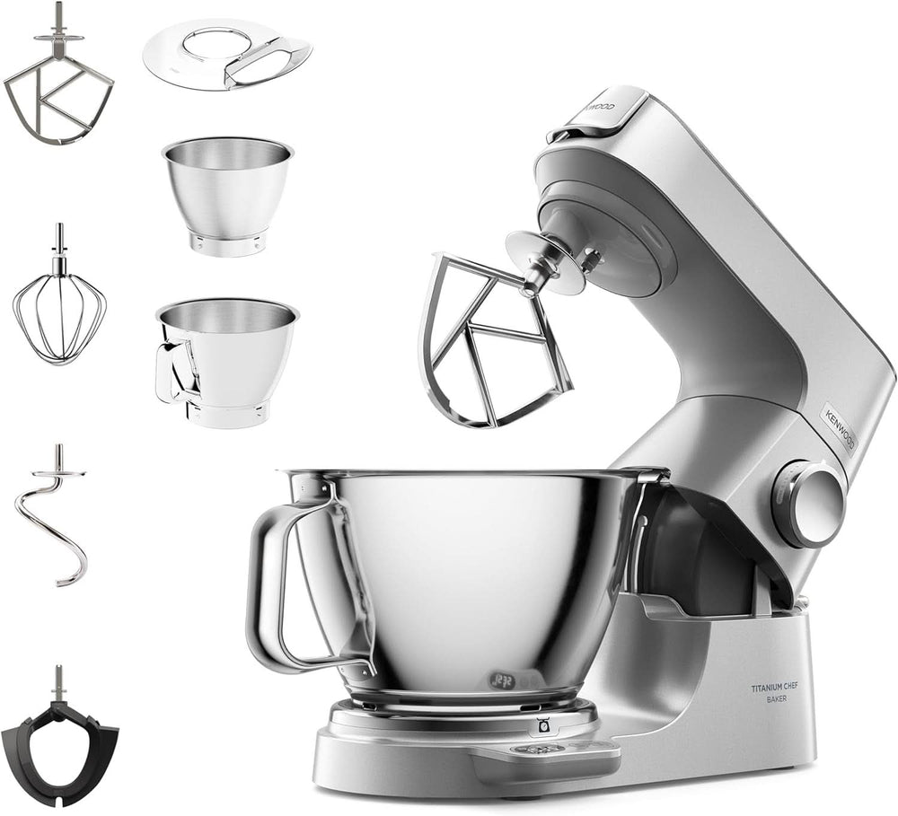 Kenwood Titanium Chef Baker KVC65.001WH, Küchenmaschine Mit Integrierter Waage, 1200 Watt, Inkl. 3-Teiligem Patisserie-Set, Spatula & Spritzschutz, Weiß Mother and Child Naty Shop Silber Chef Baker