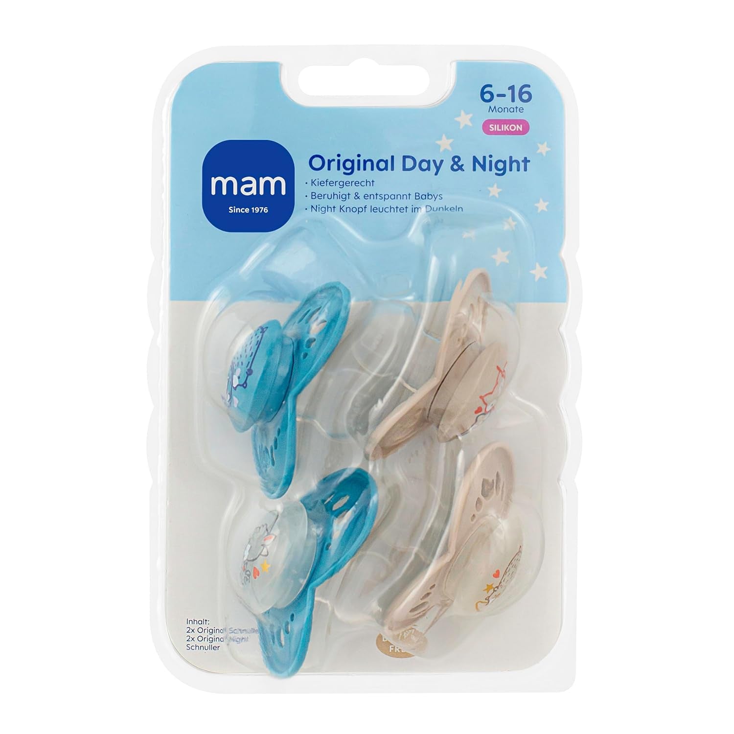 Suzete MAM Original Day & Night Matt | 6-16 luni | Set suzetă | Acceptare 94% | Ajută la prevenirea alinierii dinților nedoriți | Dezvoltat împreună cu dentiști | Silicon SkinSoft | Ursuleț/Vulpe | Pachet de 4