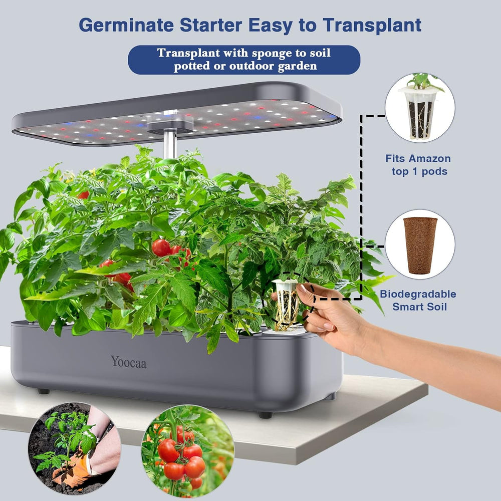 12-Utensils Hydroponic Growing System, Indoor Herb Garden Set with LED Light, Smart Home Garden, Kitchen, Germination Kit with Automatic Timer (Grey)