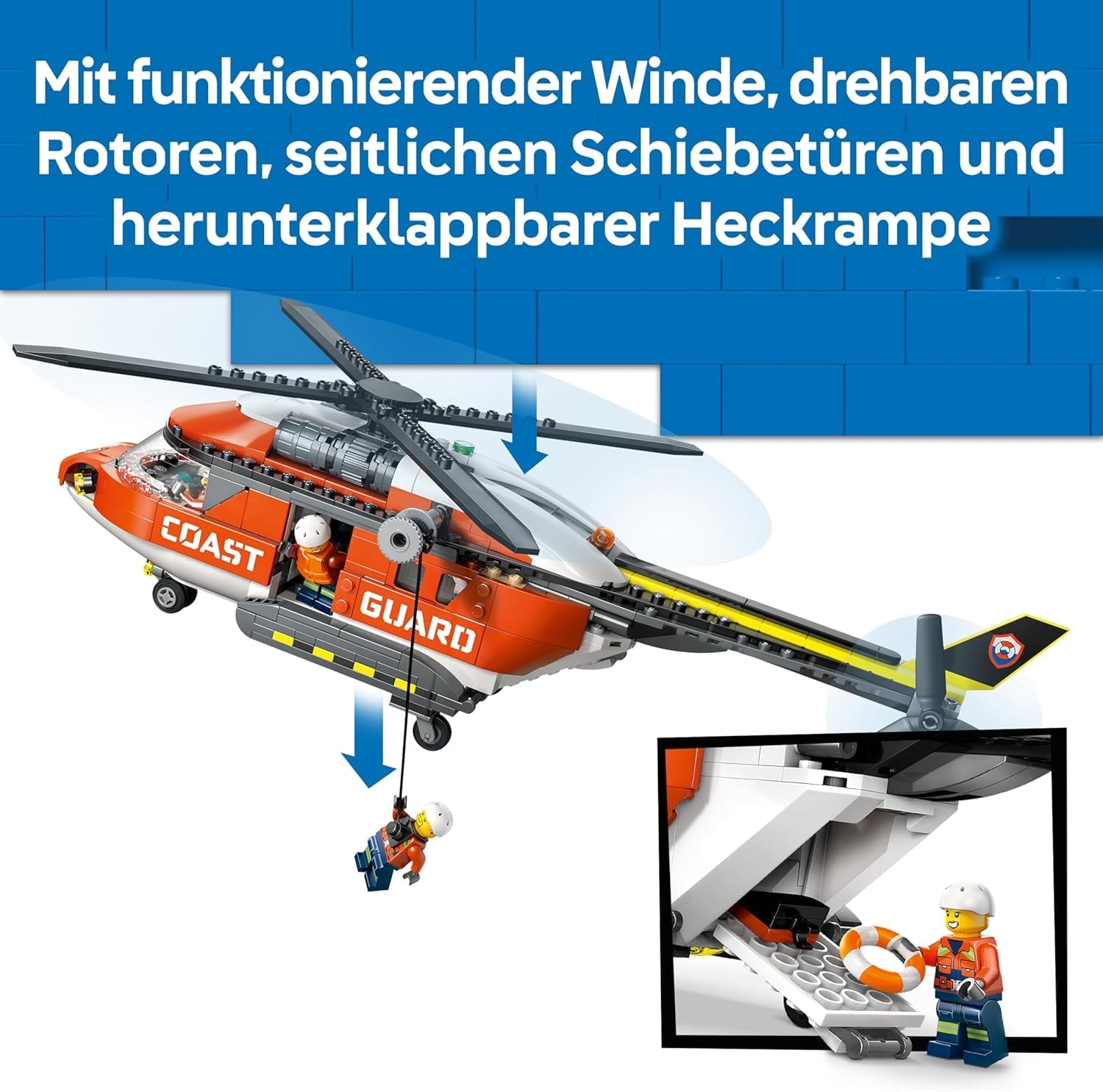 LEGO City Hubschrauber der Küstenwache - Spielzeug Einsatzfahrzeug - Modellbau mit Schiebetüren, Winde, 4 Minifiguren und Hai Figur - Geburtstagsgeschenk für Jungen ab 7 Jahren - 60503