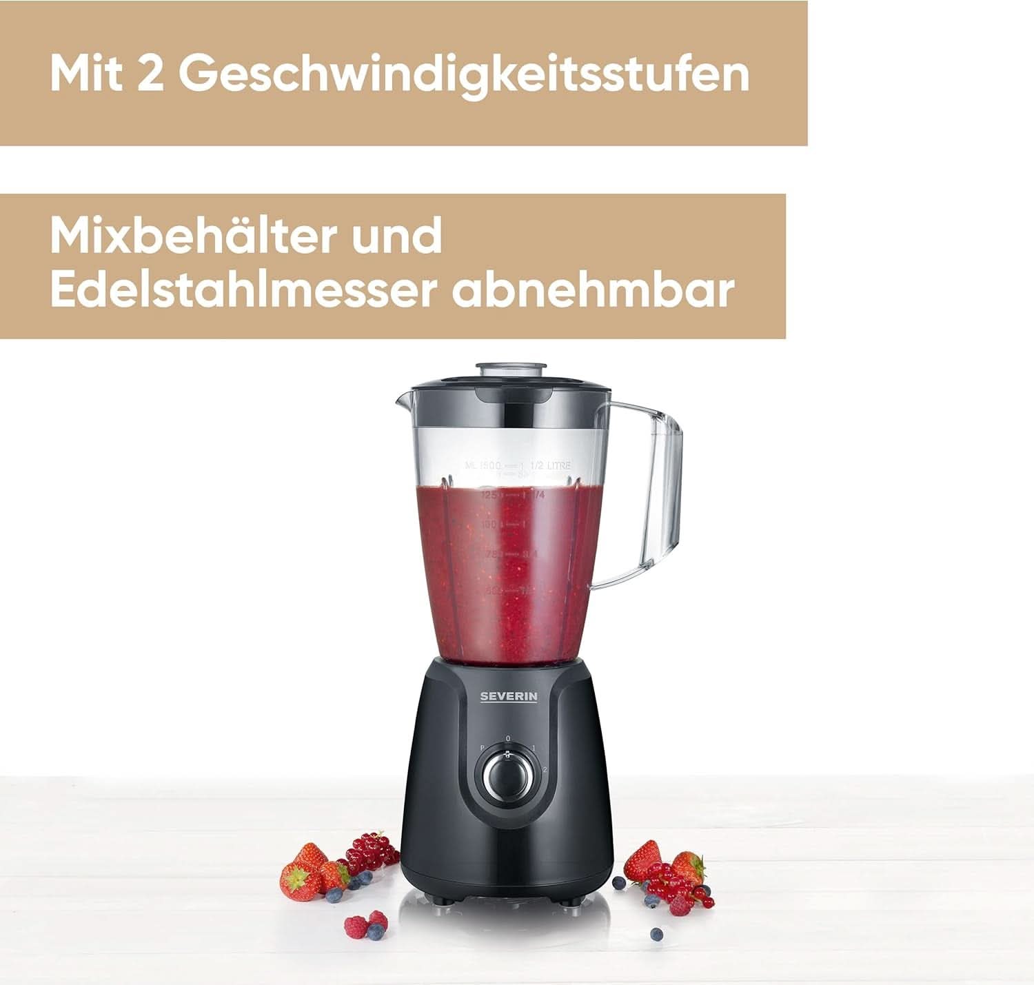 SEVERIN Standmixer Mit 1.5 L Mixbehälter Aus Tritan, Mixer Mit 2 Stufen Und Pulse-Funktion, Leistungsstarker Küchenmixer Mit Edelstahlmesser, 600 W, Schwarz, SM 3707 Kitchen Naty Shop