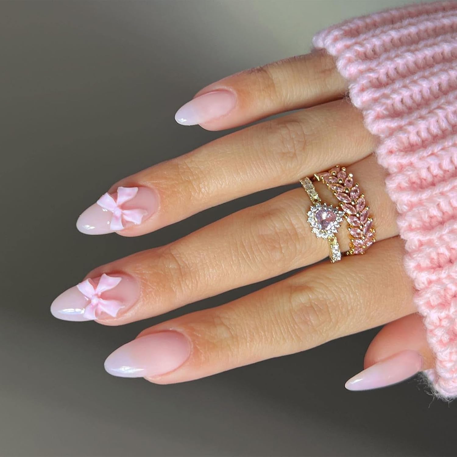 24 de bucăți de unghii franțuzești presă, albe, în formă de migdală, cu funde și perle, unghii artificiale pentru lipit, vârfuri de unghii false, unghii cu sclipici