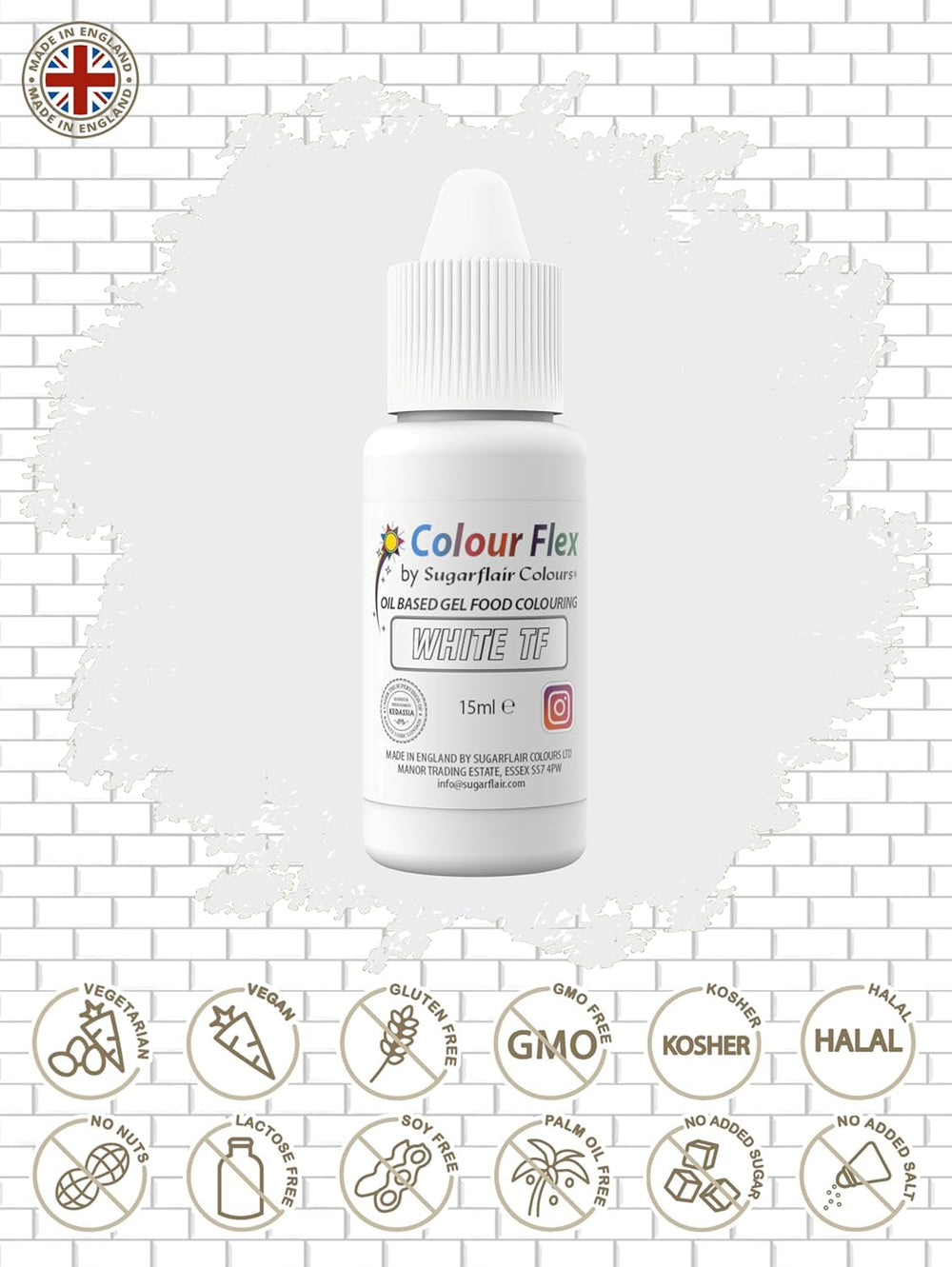 Colorant alimentar pe bază de ulei Sugarflair Colourflex alb, colorant alimentar lichid foarte concentrat, colorant alimentar pentru cremă de unt, ciocolată, aluat, fondant, glazură și multe altele - 15 ml
