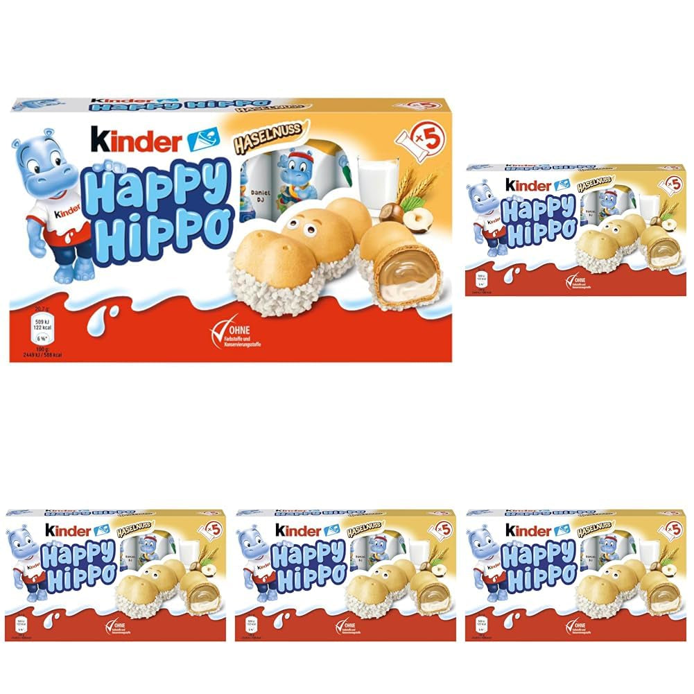 Kinder Happy Hippo Hazelnut - Specialty Crunchy Wafers with Milk and Hazelnut Cream - Carnival and Mardi Gras Sweets - 1 pack containing 5 individual bars of 20.7g each