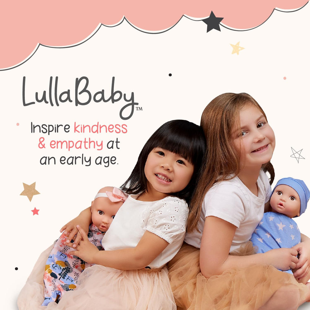 LullaBaby - Baby Puppe - Einteiler & Mütze - 36 cm Realistic Baby-Puppe - Hazelnut Brown Eyes & Soft Body - Romper & Schnuller-Zubehör - Pretend Play Spielzeug - Kinder 2 Jahre +
